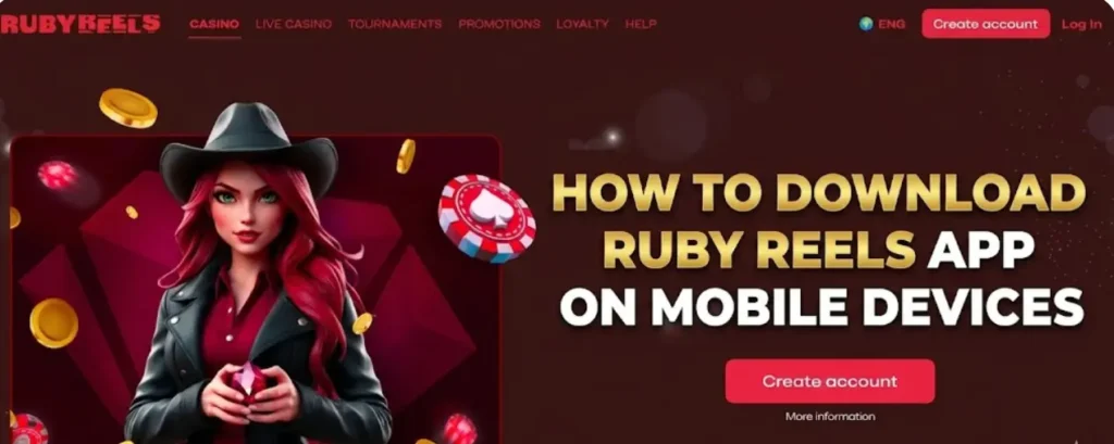 Ruby Reels Casino banner providing instructions on how to download the app on mobile devices.