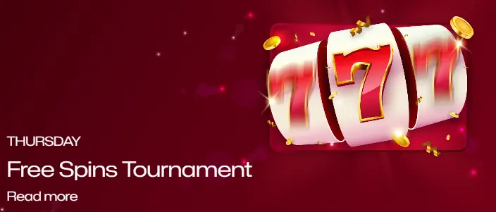 Thursday Free Spins Tournament banner featuring a slot machine win.