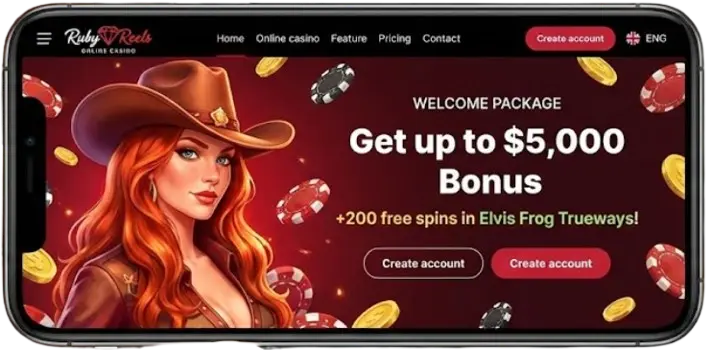 Smartphone displaying the Ruby Reels Casino mobile homepage and its welcome bonus package.