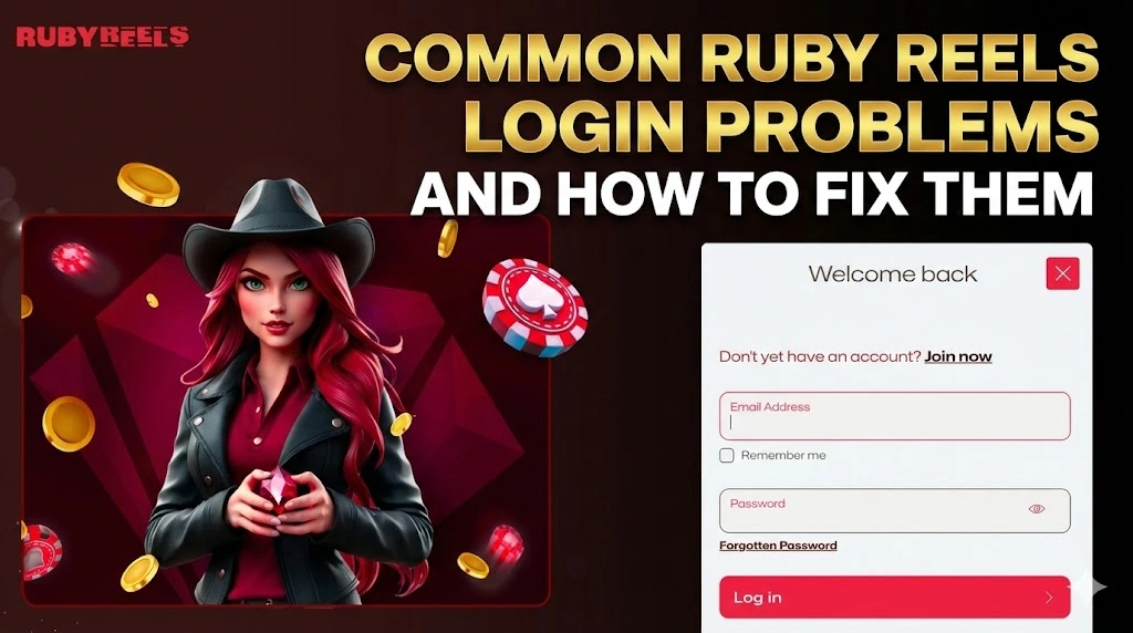 Ruby Reels banner with a login form, illustrating common login problems and their solutions.